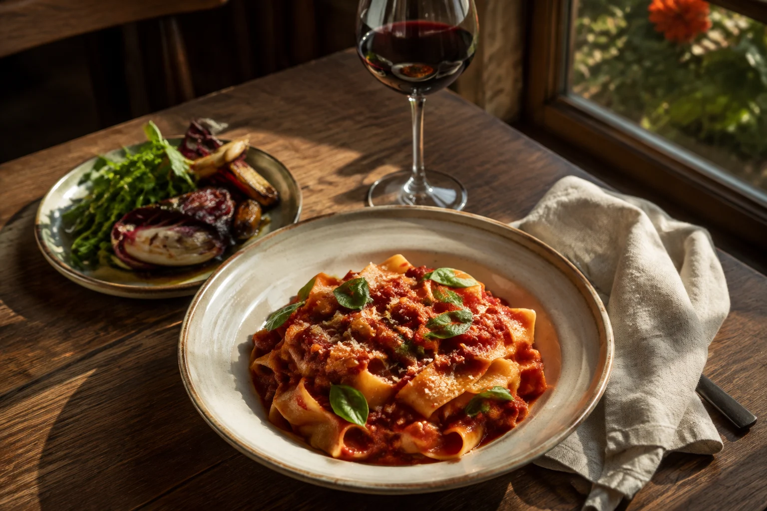 Illustrative restaurant concept: handmade pasta and a thoughtfully set table in warm sunlight